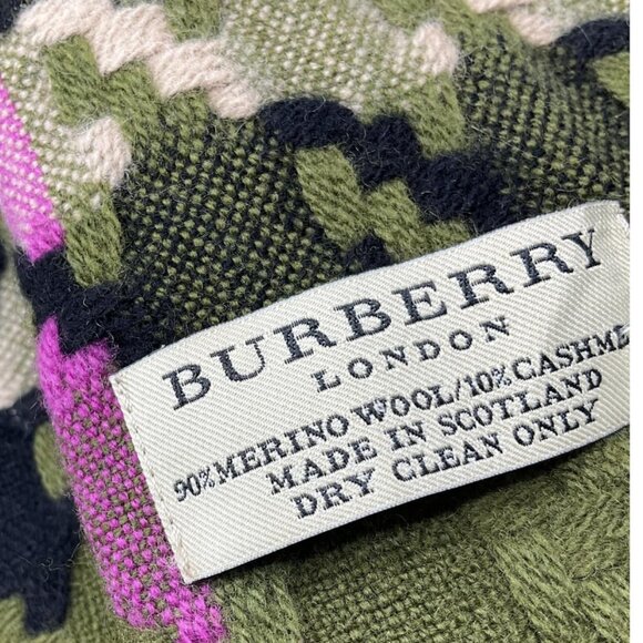 Burberry Olive Green/Magenta Houndstooth Plaid Check Merino Wool Cashmere Shawl - Picture 3 of 6